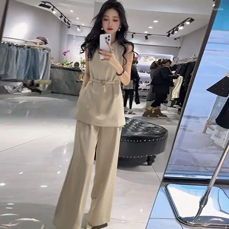 Women's Two Piece Pants Korean Fashion Suit With Belt Office Lady Set Solid Color Sleeveless Top Wide Leg Elegant 2-Piece 431B