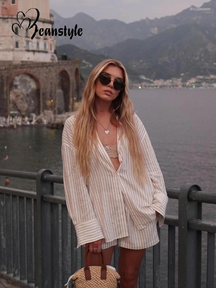 Women's Tracksuits Casual Stripe Shirt Shorts Set Women Lapel Loose Backless Full Sleeve Shirts Short Pants Sets Female 2025 Summer Lady