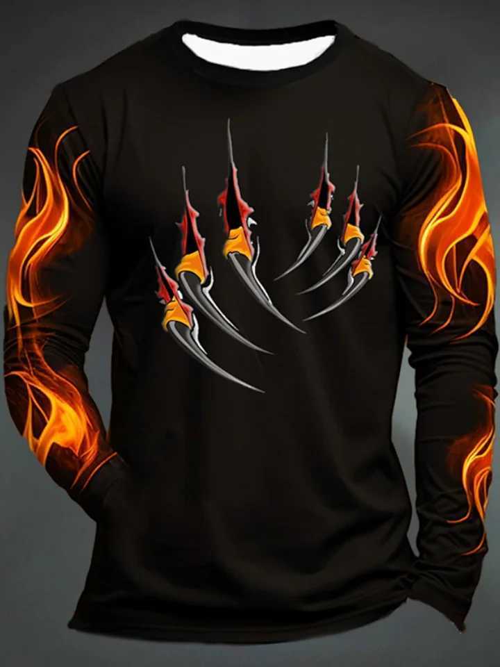 Mens 3D Print Flame Scratch T-Shirt Autumn Daily Casual Round Neck Long Sleeve Pullover Loose Fashion Creative Comfortable TopsXJ250805