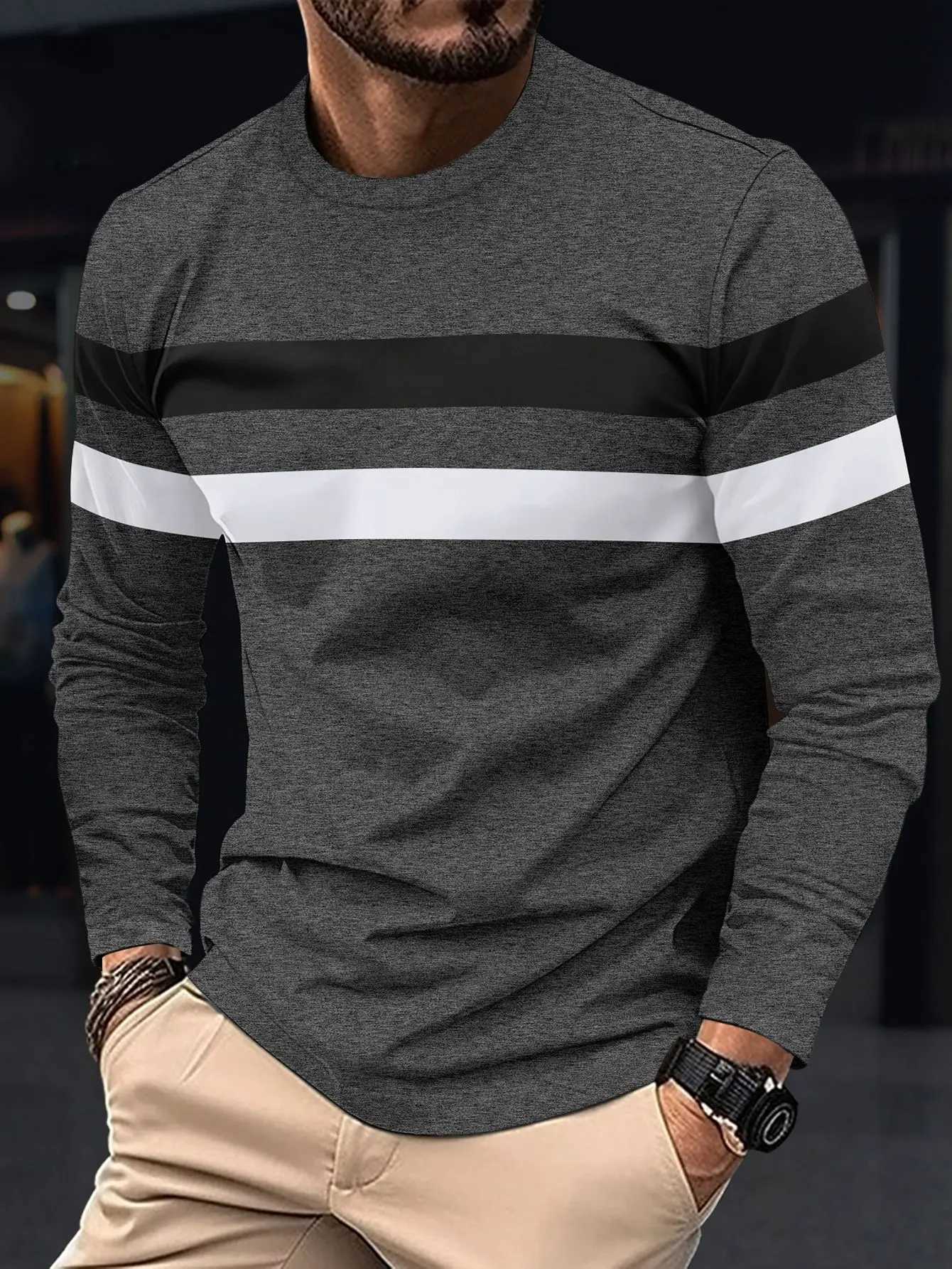 2024 Spring and Autumn Fashion Mens Long Sleeve Round Neck Splicing T-shirt Business Anti-Wrinkle Street Wear Casual Top XJ250805