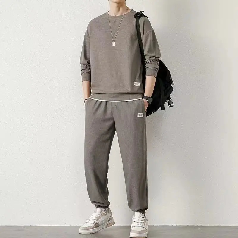 Mens Waffle Set Casual Long sleeved Sweatshirt and Long Pants Mens T-shirt Casual Loosepullover Pullover Tracksuit 250804