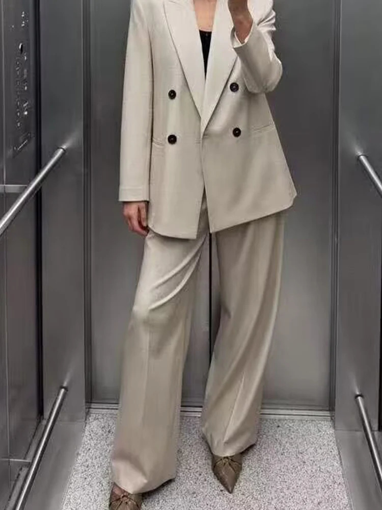 European and American style spring womens allmatch doublebreasted longsleeved suit jacket wideleg pants 250724