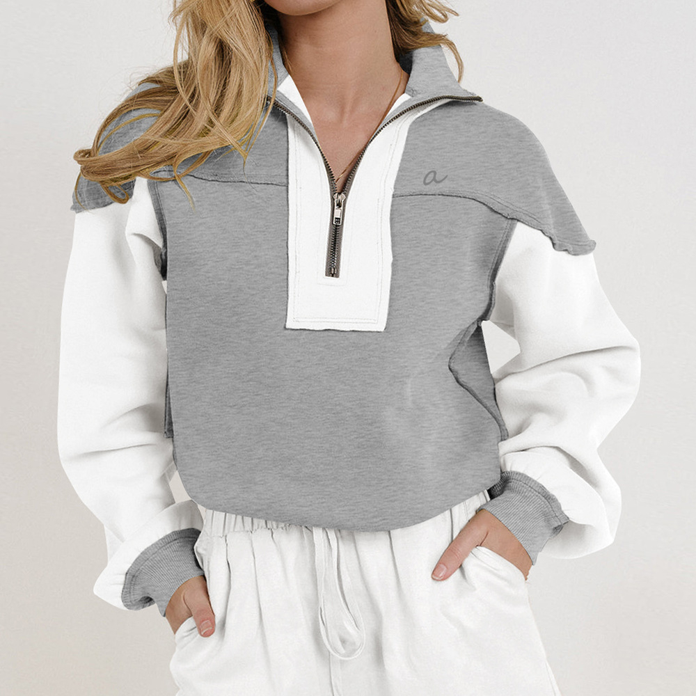 E24T0507 Women Pullover Zipper Trend Sweater Jumper Contrasting Colors Loose Decorative Lines Long Sleeves For Autumn and Winter