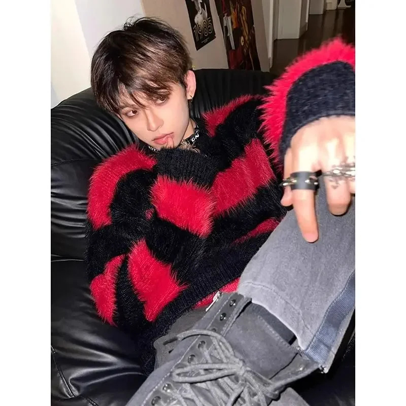 Vintage Pullover Black Red Contrast Striped Sweater Fashion Versatile Knit HIP HOP Mens Clothing High Quality Casual Jumper 250801