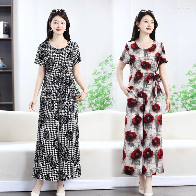 Women's Two Piece Pants Clothing Loose-Fit Full Printing Suit Two-Piece Set Middle-aged Women Print Shirt And Wide Leg 2PCS Sets