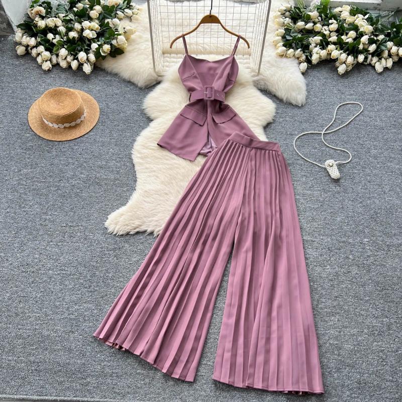 Women's Two Piece Pants Sexy Pieces Sets Chic Pleated Sashes Loose Sleeveless Off Shoulder Top With Fashion Sweet High Waist Wide Leg Pant
