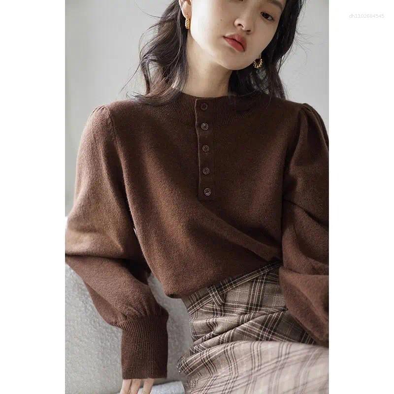 Women's Sweaters Brown Round Neck Long Sleeve Knitted Pullover Autumn Loose Casual Button Sweater Comfortable Top