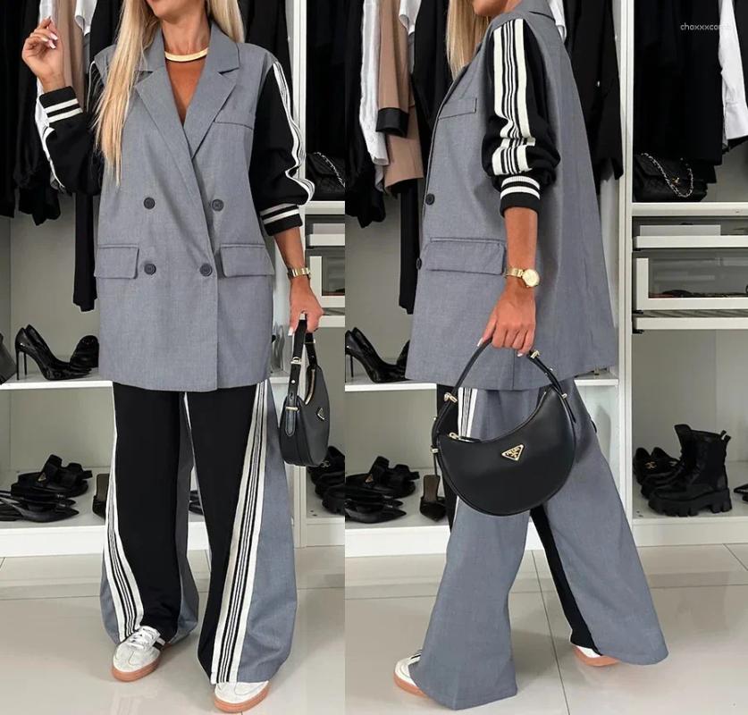 Women's Two Piece Pants Long Sleeved Sets Womens Outifits Fall Winter 2025 Patchwork Double Breasted Suit Coat Casual Loose Pant Two-piece