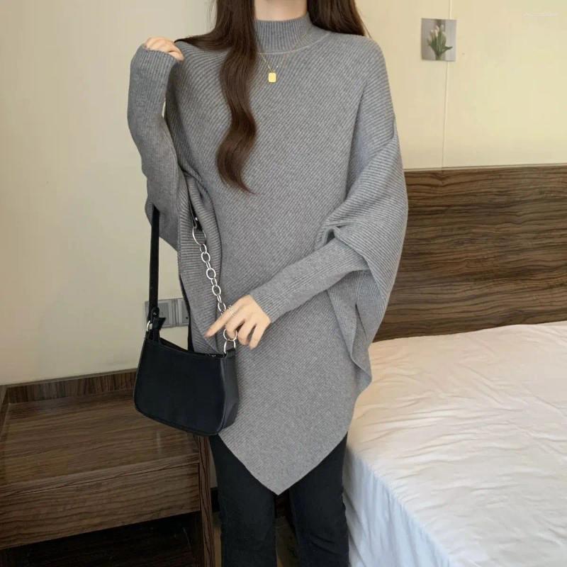 Women's Sweaters Half Turtleneck Sweater For Women In Autumn And Winter Solid Color Bat Sleeve Retro Pullover Loose Mid-length Irregular Top
