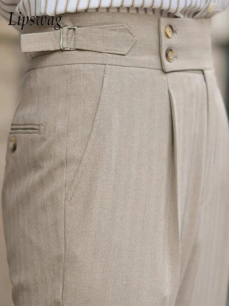 Men's Pants Classic High Waist Trousers Spring Autumn Casual Pleated Belt-up Straight Men Vintage Solid Color Slim Fit
