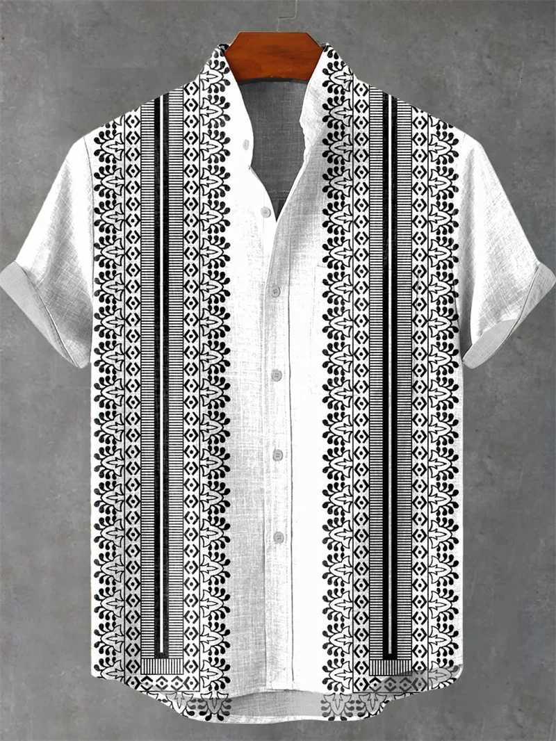 New Vintage Style Mens Linen Short Sleeve Shirt Flower Top Fashion Casual Holiday Fashion Mens Printed Shirt W250805