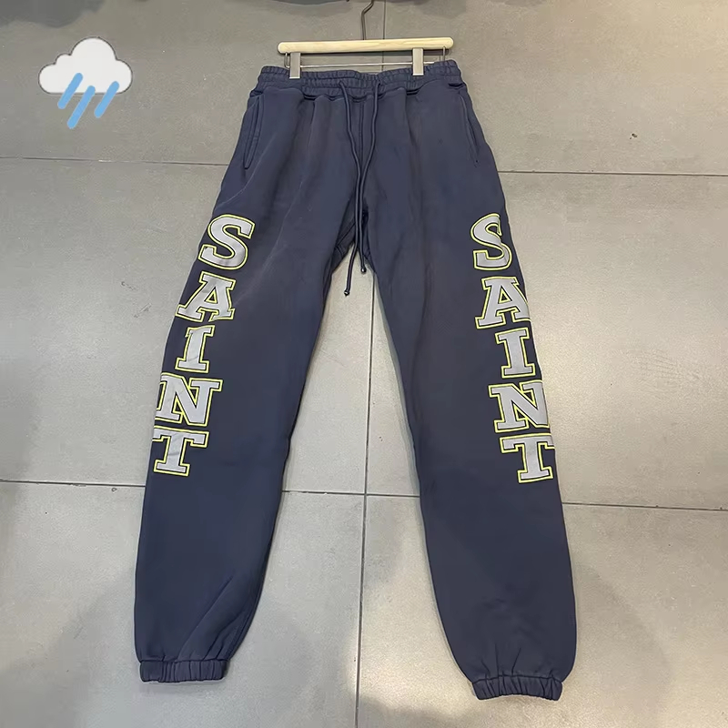 Cotton Classic Letters Print Sweatpants Men Women Casual Fashion Trousers Vintage Washed Dark Blue Pants