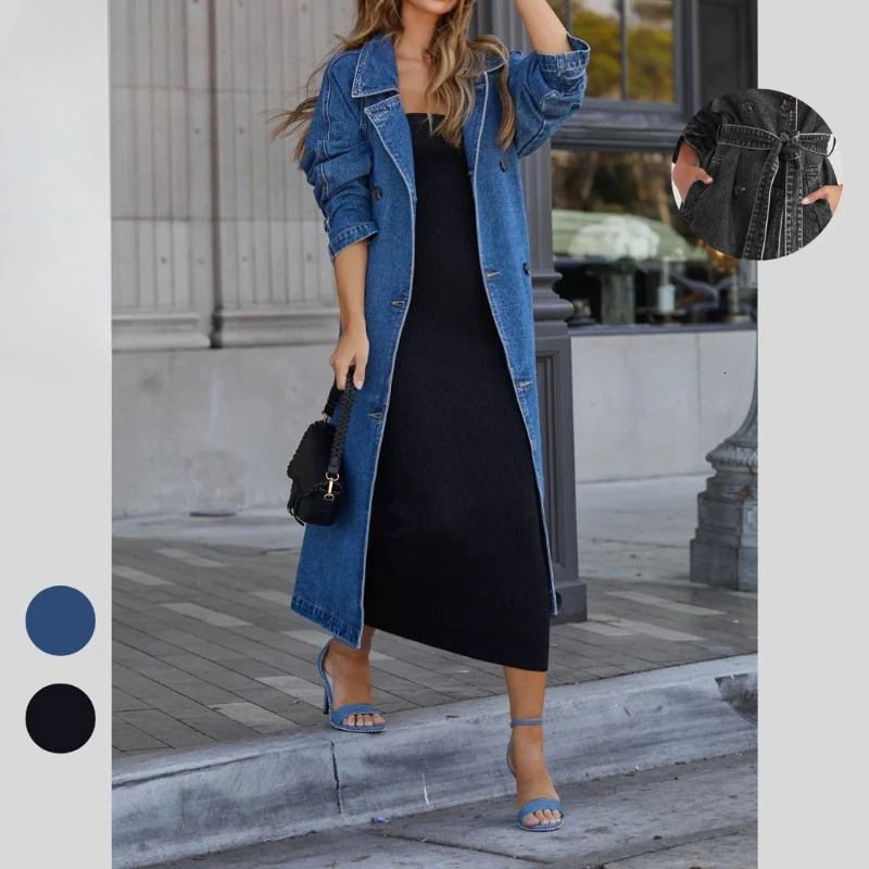 Ins European and American Womens Trench Coat Denim Cotton Solid Color Double Insert Bag Long Buckle Loose Jacket 250731