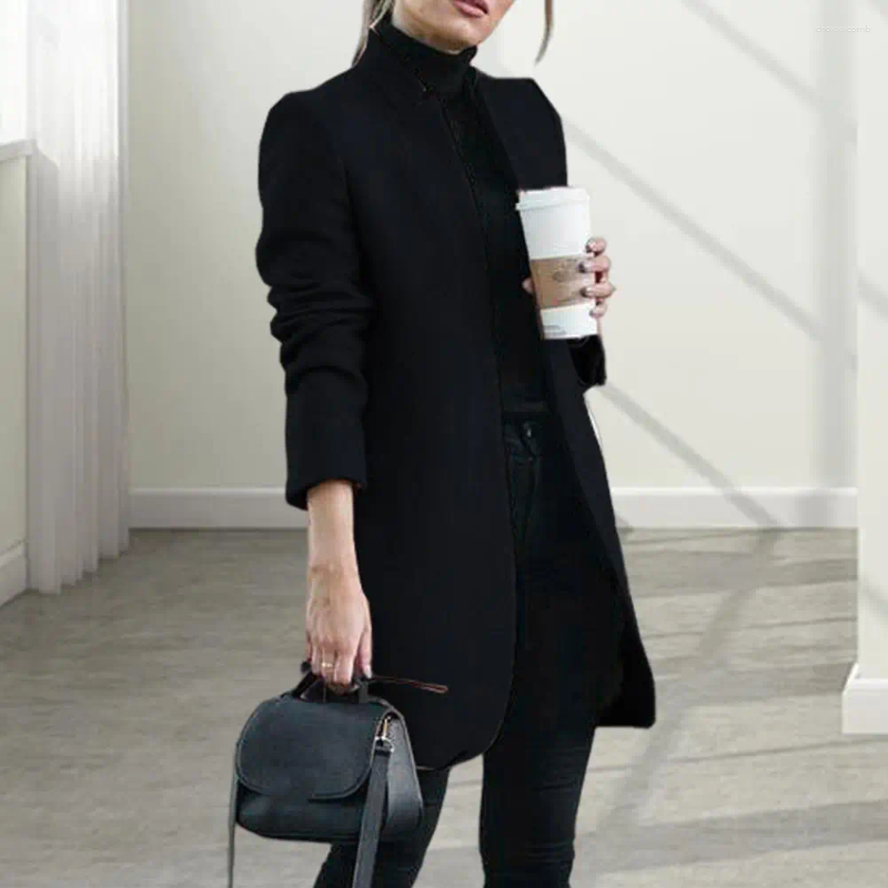 Women's Jackets Women Coat Mid-length Woolen Elegant With Stand Collar Slim Fit Overcoat For Fall Spring