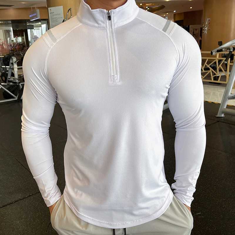 Spandex Long Sleeve Finger Men Running Fitness T-shirt Elastic Quick Dry Sports Bodybuilding Training Stand Collar ShirtsXJ250805