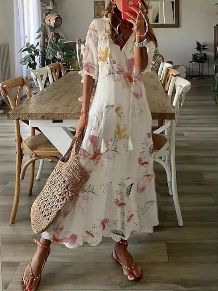 Spring Summer Womens Casual Sweet Loose Sexy V-neck Drawstring Fashionable Printed Long Sleeved Dress 250728