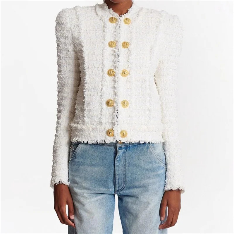 Womens jacket autumn double breasted slim long sleeved top tweed weave Womens coat Cotton blend round neck outerwears 250804