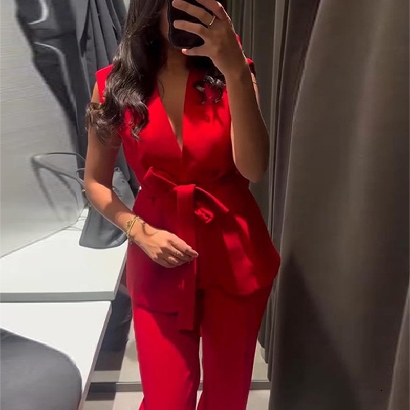 Red Lace Up Vest Pant Suit Women Elegant Vneck Sleeveless Vests High Waist Trouser Suits Female 2025 Summer Lady 2 Piece Set y250724