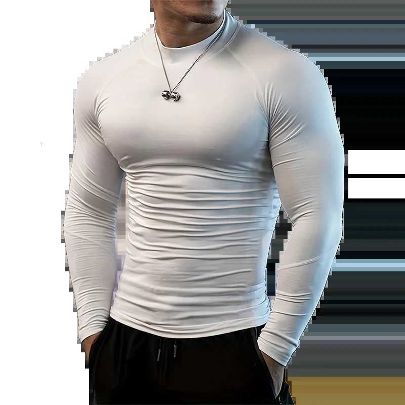 Mens Running T-shirts Compression High-Neck Long Sleeve Athletic Shirt Fitness Training Jogging Gym Sportswear Quick Dry Clothes XJ250805
