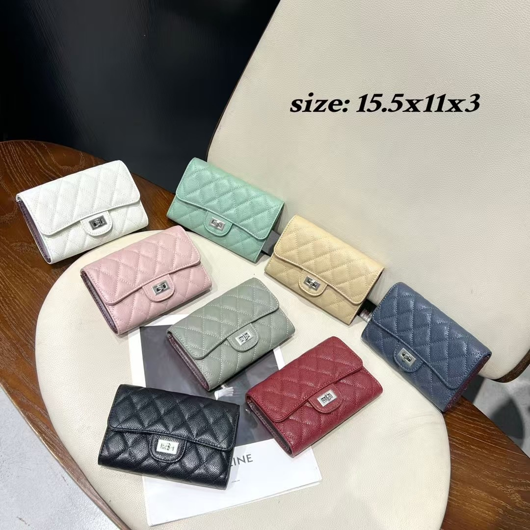 Designer Women's Medium To Long Leather Wallet Compact Quilted Large Capacity Caviar Cowhide Wallet