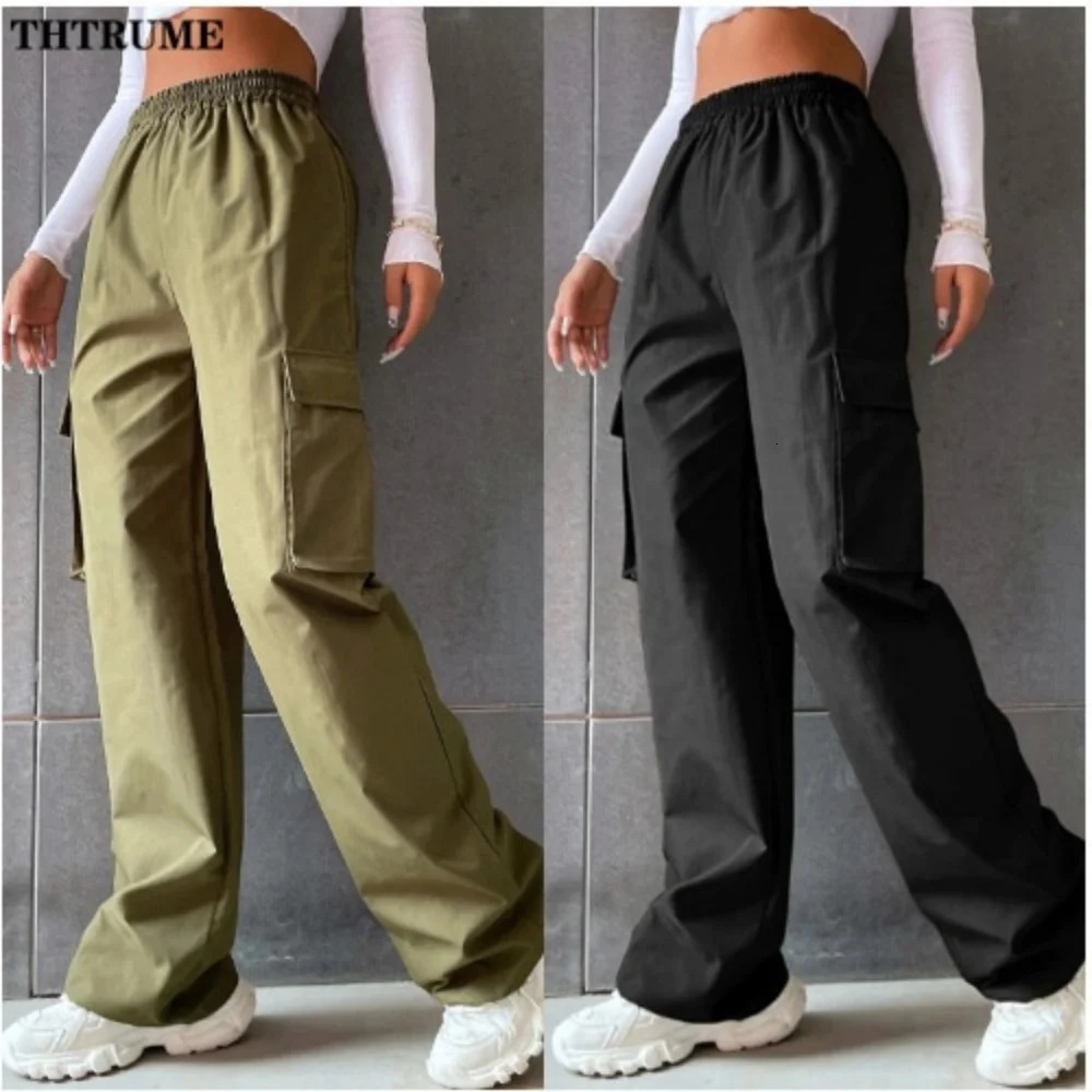 Vintage Streetwear Cargo Pants Fashion Women Solid Oversized Pocket High Waist Baggy Pant Casual Hip Hop Straight Trousers 250724