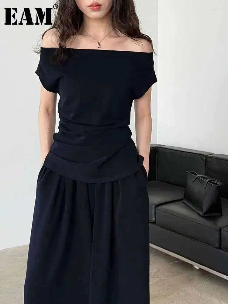 Women's Two Piece Pants EAM Black T-shirt Wide Leg Suit Slash Neck Short Sleeve Women Fashion Tide Spring Summer 2025 1DJ1922