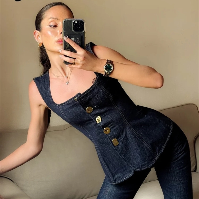 Denim Square Collar Vest Jeans Set Womens Slim Single Breasted Sleeveless Tank Top High Waist Pants 2025 Lady Street Outfit y250724