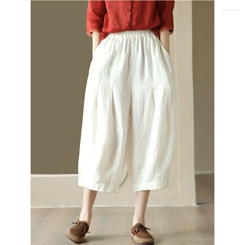 Women's Pants Ladies Vintage Solid Color Elastic Waist Harem Summer All-match Simplicity Flax High Wide Leg Women Clothes