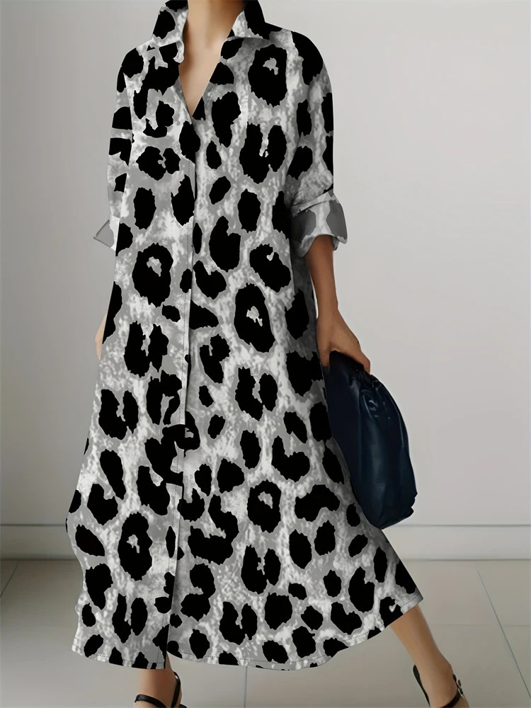 Womens Fashion Shirt Dresses High Temperament Leopard Print Casual Dresses Womens Elegant Party Long Sleeve Dresses 250728