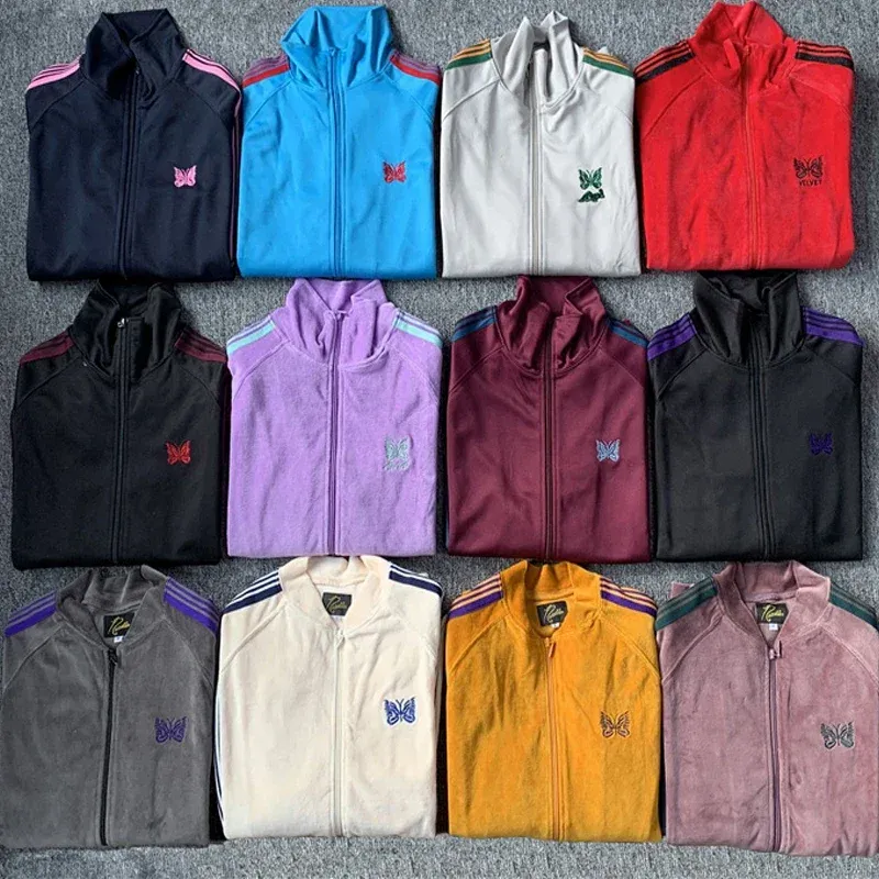 Mens Fasion Multicolor Men Women Couple Needles Awge Track Jacket High Quality Stripe Veet Coat Embroidered Butterfly Sports Suit Set