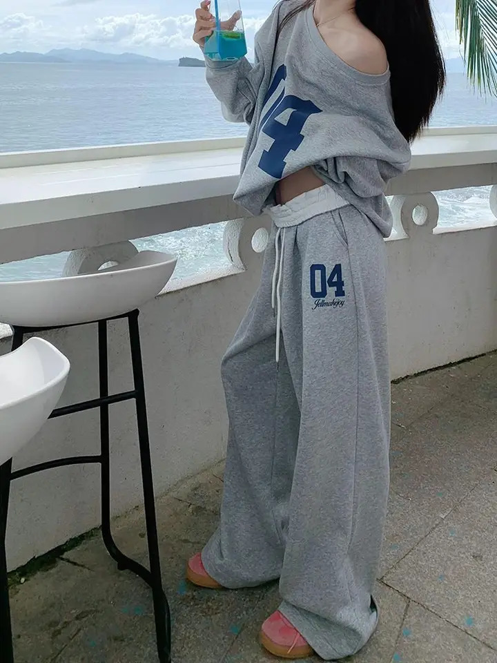 HOUZHOU Casual 2 Piece Sets Women Outfit Pant Sets Oversized Korean Style Set Vintage Letter Print Off Shoulder Tracksuit 250801
