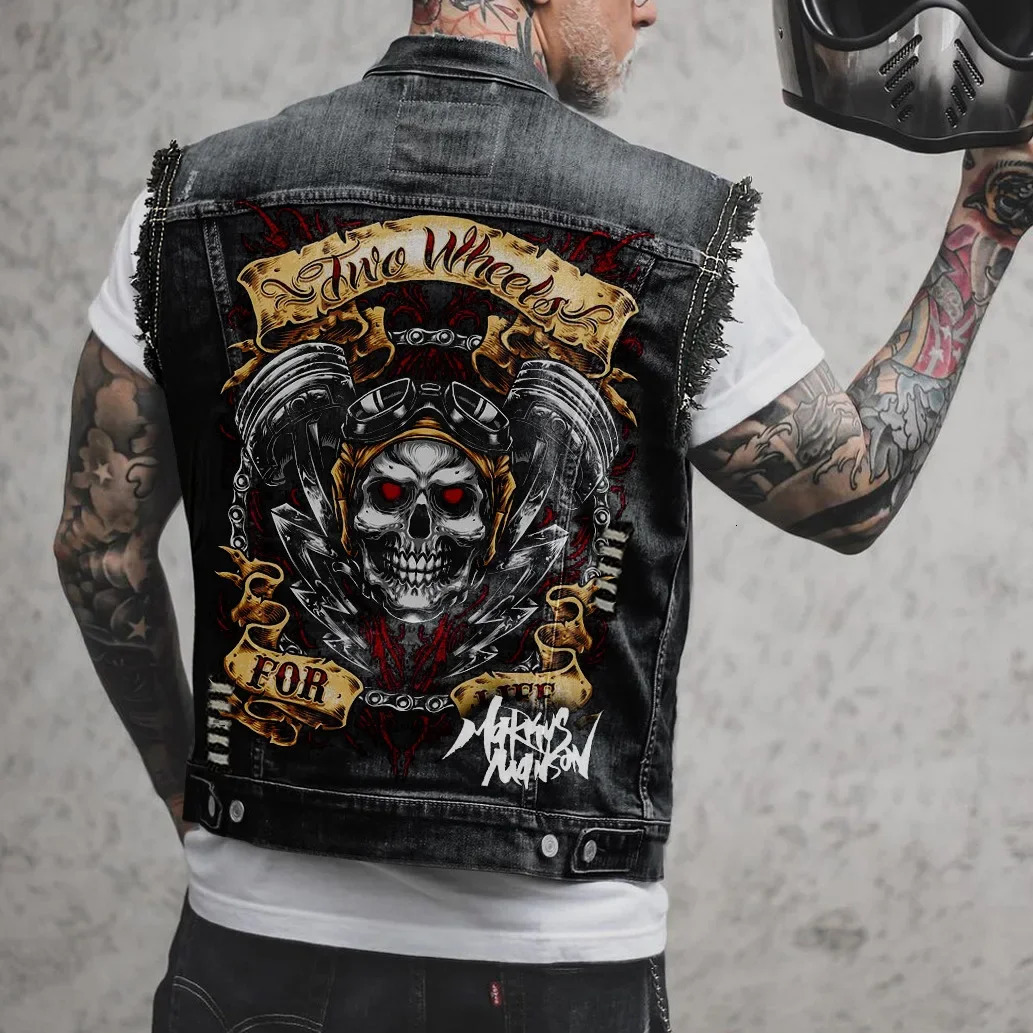-selling Spring And Summer Four Seasons Mens Motorcycle Print Sleeveless Denim Jacket Urban Fashion Youth Leisure Large Vest 250804
