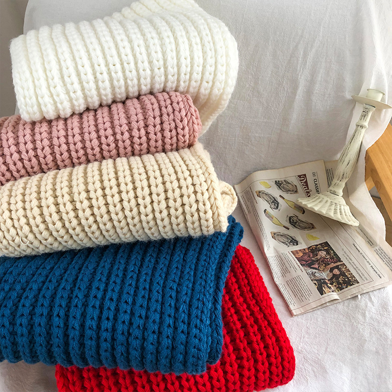 K1598 Scarf women's autumn and winter Korean style versatile student winter knitted wool solid color young ladies thick warm neck scarf men