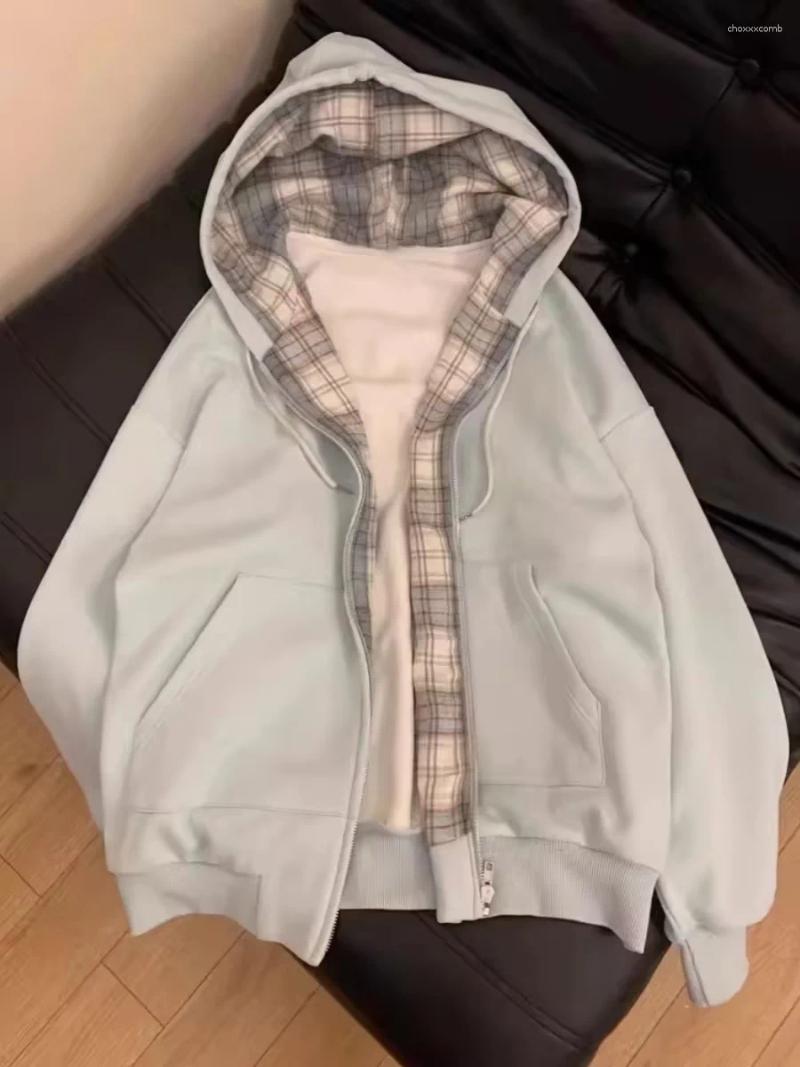 Women's Hoodies Grid Splicing Hooded Sweatshirt For Women Spring Autumn Oversized Thin Jacket Loose Lazy Style Zipper Long Sleeve Cardigan