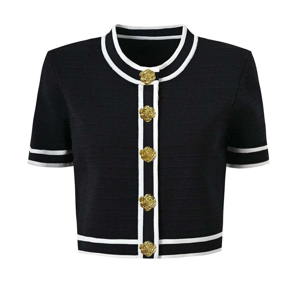 Designer Clothing 2025 SML Three Color High Quality Elastic Knitted Fabric Flower Button Short Sleeve Round Neck Stripe Slim Fit Fashion Women Cardi