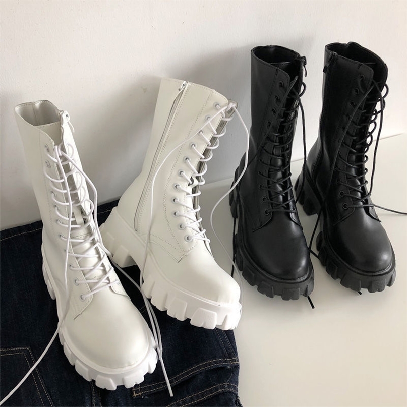 Mid Calf Boots Women Autumn Winter Fashion Lace-up Ladies Chelsea Zipper Botas Mujer Boots Sports Platform Heel Ladies Shoes 250805