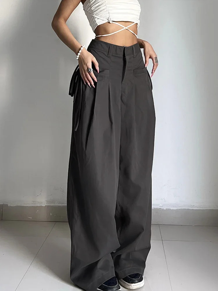 Shirring Casual Wide Leg Pants Women High Waist Street Basic Loose Sweat Trousers Korean Retro Gray Office Y2K Lady Pants250804