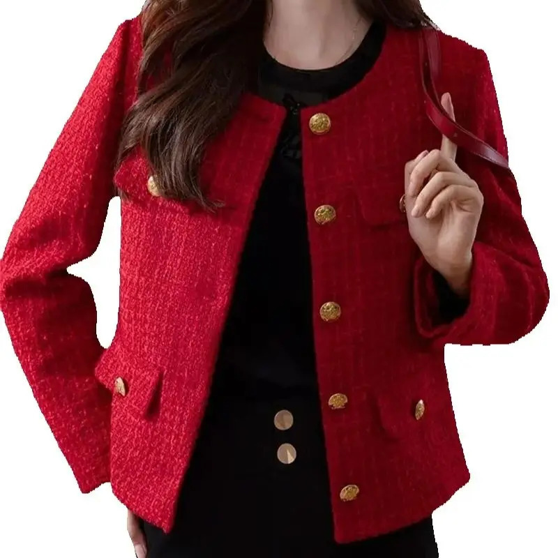Womens Jacket Spring Autumn Red Tweed Small Fragrance Coat Short Blazers Korean Fashion Elegant Female Tops Outerwear 250801