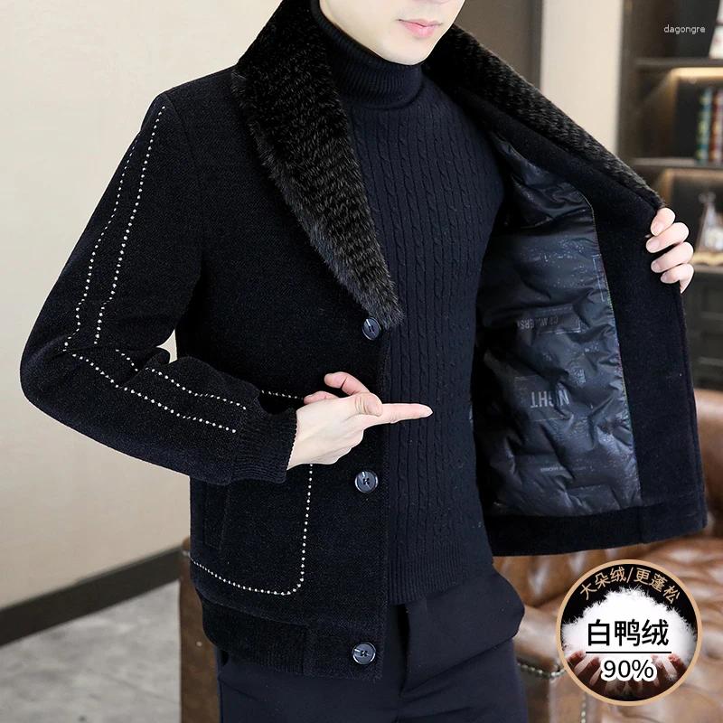Men's Wool Casual 2025 Winter White Duck Down Jackets Warm Short Fur Collar Puffer Woolen Coat Outwear Thicken Windproof Top Clothing