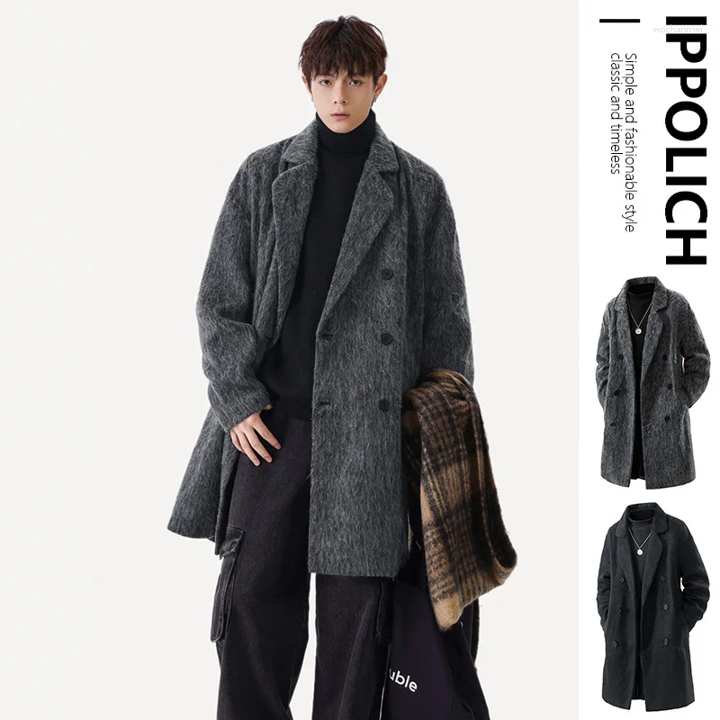 Men's Wool Autumn Winter Fleece Coat Mid-length Gray Oversized Thickened Warm Imitation Cashmere Blends Men Double-breasted Trend