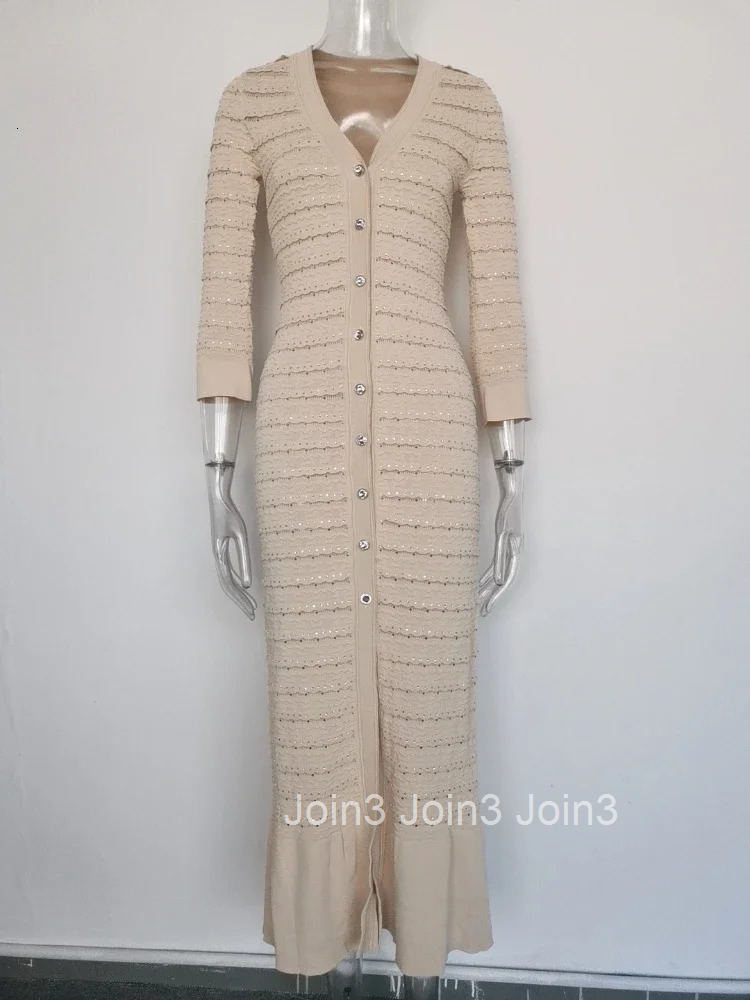 Woman White V-Neck Single Breasted Long Sleeves Long Dress Female Spring Fashion Lady Robe Elegant Knit Dresses Streetwear