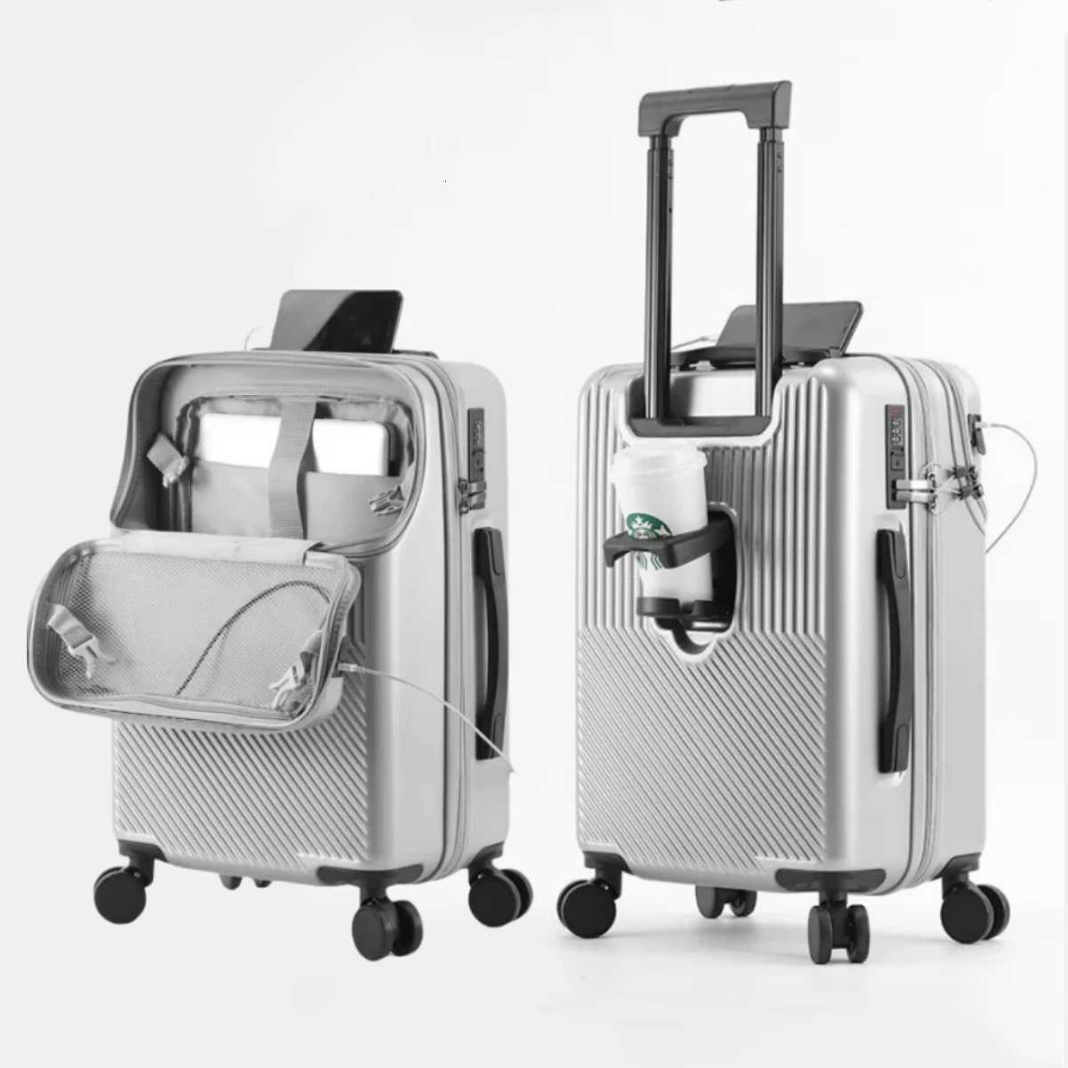 Front Opening Pocket Suitcase Travel Rolling Luggage Aluminum Alloy Trolley ABS+PC Case Bag with Spinner Wheels USB Charging Port W250805-image-1069931878