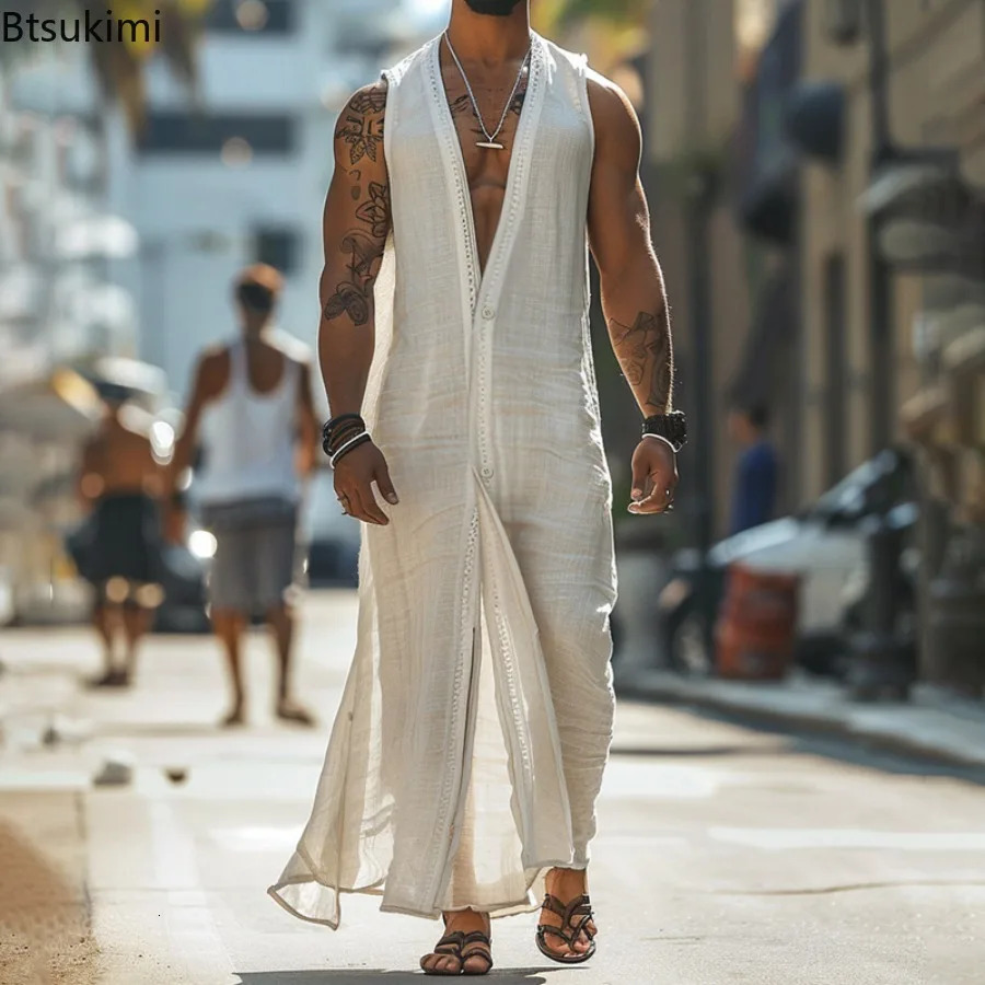2025 Summer Fashion Mens Long Cardigans Vest Casual Streetwear Solid Retro Sleeveless Trench Coat Man Vacation Style Loose Robe 250804