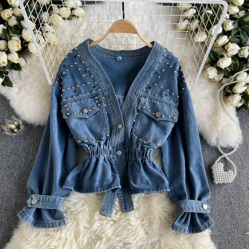French denim jacket womens heavy-duty diamond-studded beaded loose short long-sleeved jacket in spring and autumn 250804