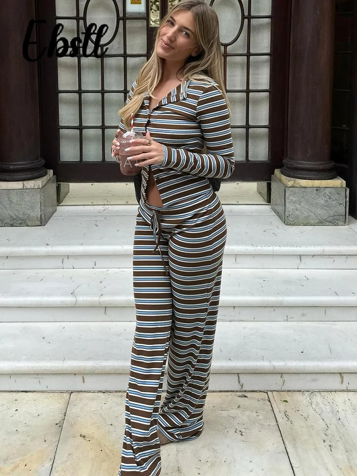 Casual Striped Top Pants Set Womens Slim Single Breasted O Neck Long Sleeve Tops Lace-up Wide Leg Trousers Lady Outfit 250801