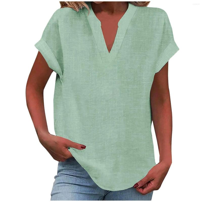 Women's Blouses Summer Cotton Linen Breathable Solid Color Button Down V-neck Shirt Basic And Versatile Casual Comfortable Lady Office Tops
