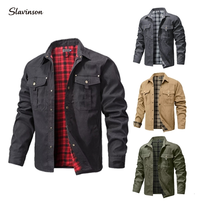 Slavinson Mens Jackets Spring Windproof Bomber Casual High Quality Overshirt Western Cowboy Flannel Plaid Lining Tops US Size250806