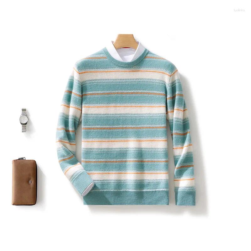 Men's Sweaters Autumn Winter Merino Wool O-Neck Striped Sweater Pullover Cashmere Long Sleeves Casual Color-Blocked Clothing Top