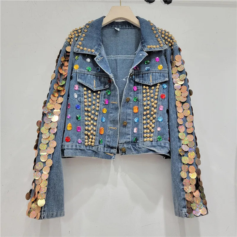 Women Rainbow Diamonds Beaded Denim Jacket Rhinestones Rivets Jeans Coat Bright Green Sequined Sleeve Cowboy Coat Cardigan Tops 250804
