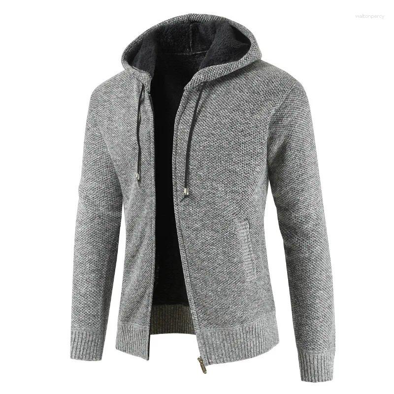 Men's Sweaters Autumn Winter Thickened Fleece Warm Cardigan Sweater Zipper Soild Long Sleeve Hooded Jacket